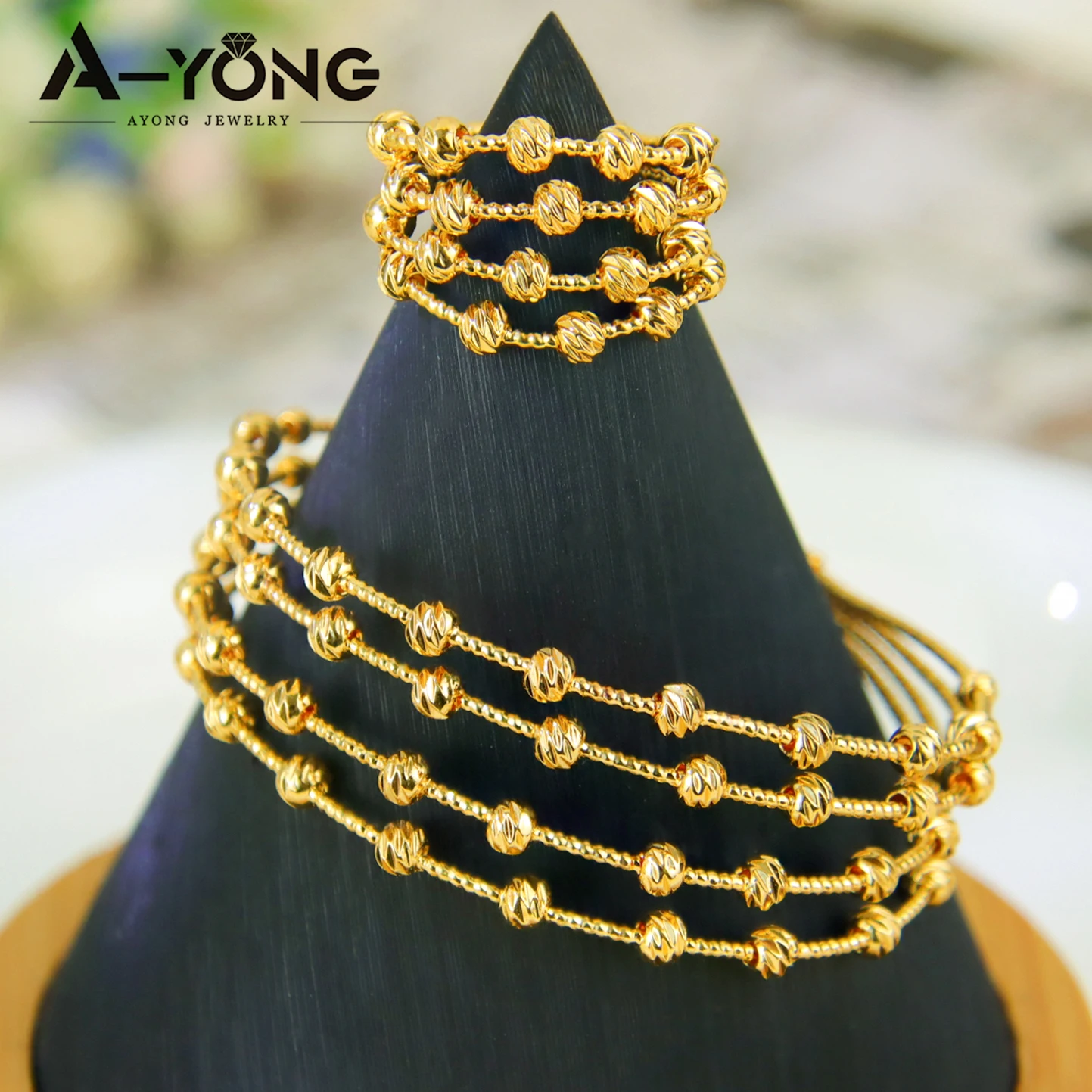 Nigerianisches Brautschmuck-Set 24k Vergoldet Modisches Mehrlagiges Hohles Armband Ring Dubai Damen Event Party Schmuck – Detail 4