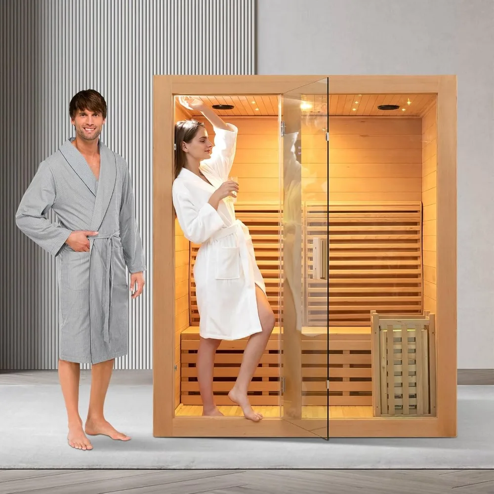 Wooden Steam Sauna Room, 2 Person Canadian Hemlock Luxurious Indoor Sauna with 3 KW Harvia Stove Heater, Bluetooth Speaker 6