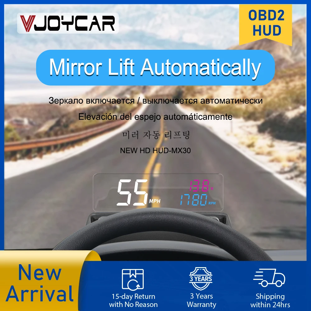 Vjoycar 2023 Update Auto-Lift Mirror HUD MX30 Pro Large & Clear Font RPM Speed Projector KM/H MPH Car Accessories Security Alarm