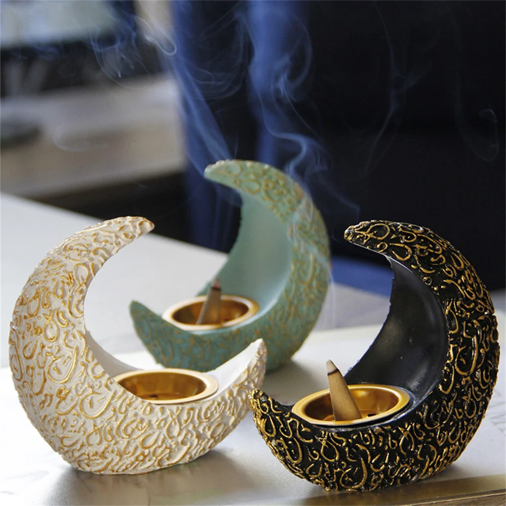 10CM Ramadan Bright Crescent Resin Incense Burner Antique Decoration For Home Table Decoration Aromatherapy Burner