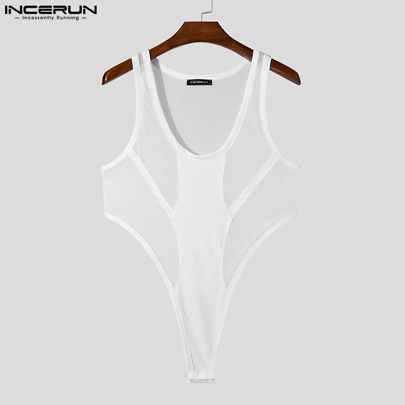 INCERUN New Men Sleeveless Jumpsuits Solid See Through Bodysuits U-Neck Mesh Splicing Comfortable Homewear Solid Loungewear