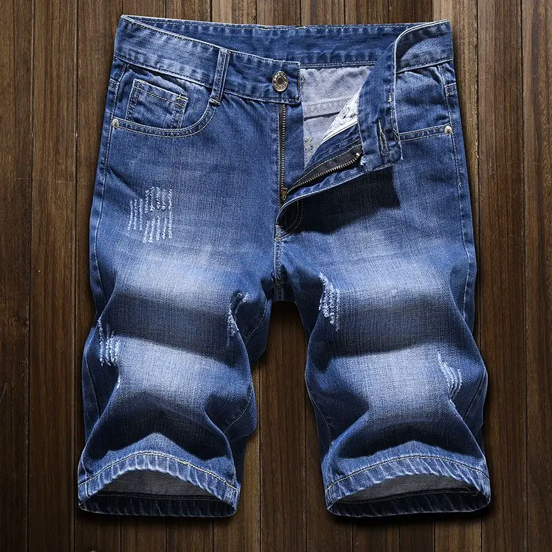 Summer Luxury Fashion Korean Washed Casual Denim Shorts for Men Ripped Light Blue 5-Pocket Distressed Slim Fit Jean Shorts Male men jeans,mens jeans,washed jeans