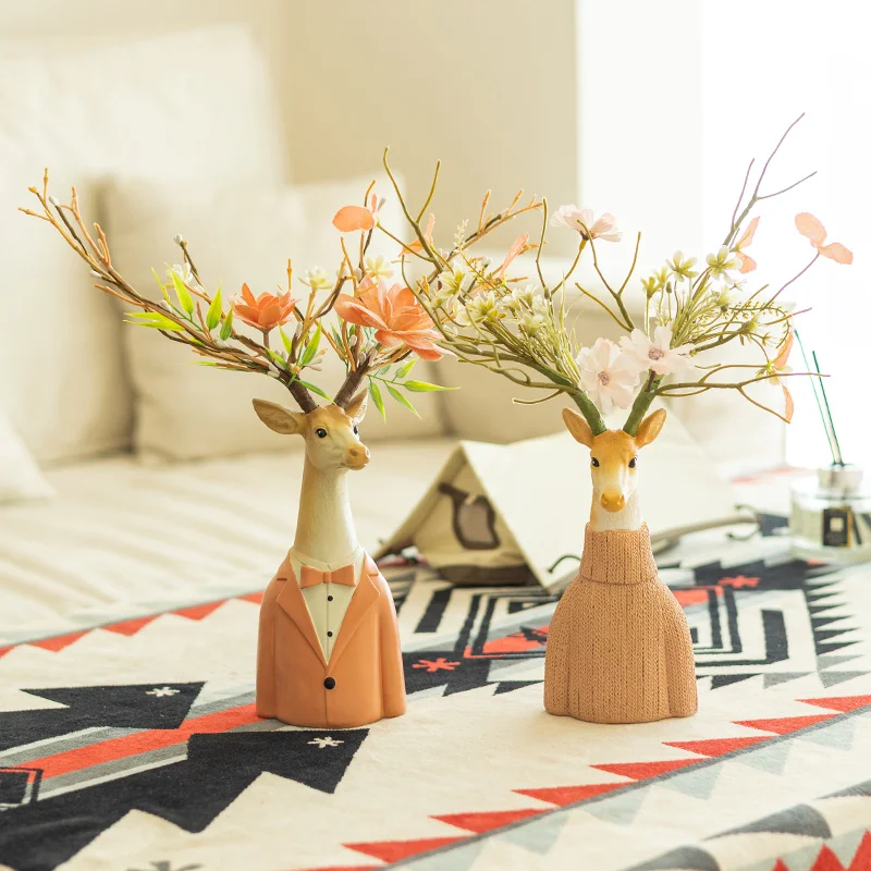 Resin Handicraft Cartoon Deer Flower Vase Floral Arrangement Accessories Artificial Animal Sculpture Home Decoration Accessories 3