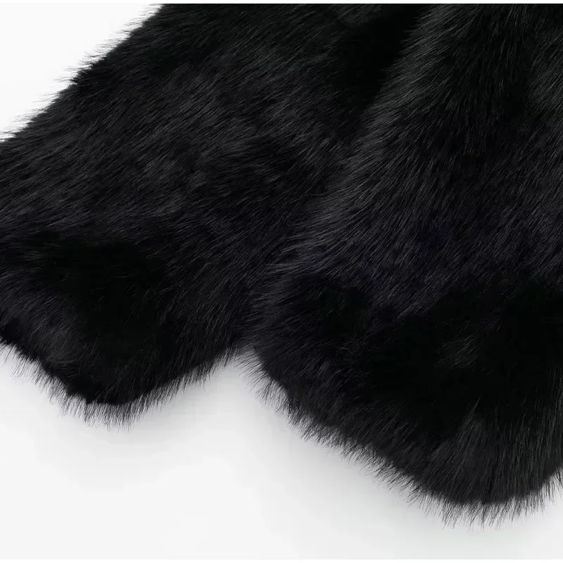 Schwarz Flauschigen Faux Pelz Jacken Frauen Lose Pelzigen Drehen Unten Kragen Langarm Mäntel Weibliche Winter Vintage Warme Dame Mantel – Detail 4