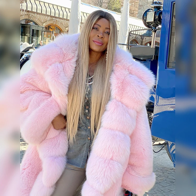 

Natural Fox Fur Coat Women Winter Thicken Lapel Long Sleeve Warm Luxury Outertwear 2022 New Pink Real Fox Fur Jacket Female