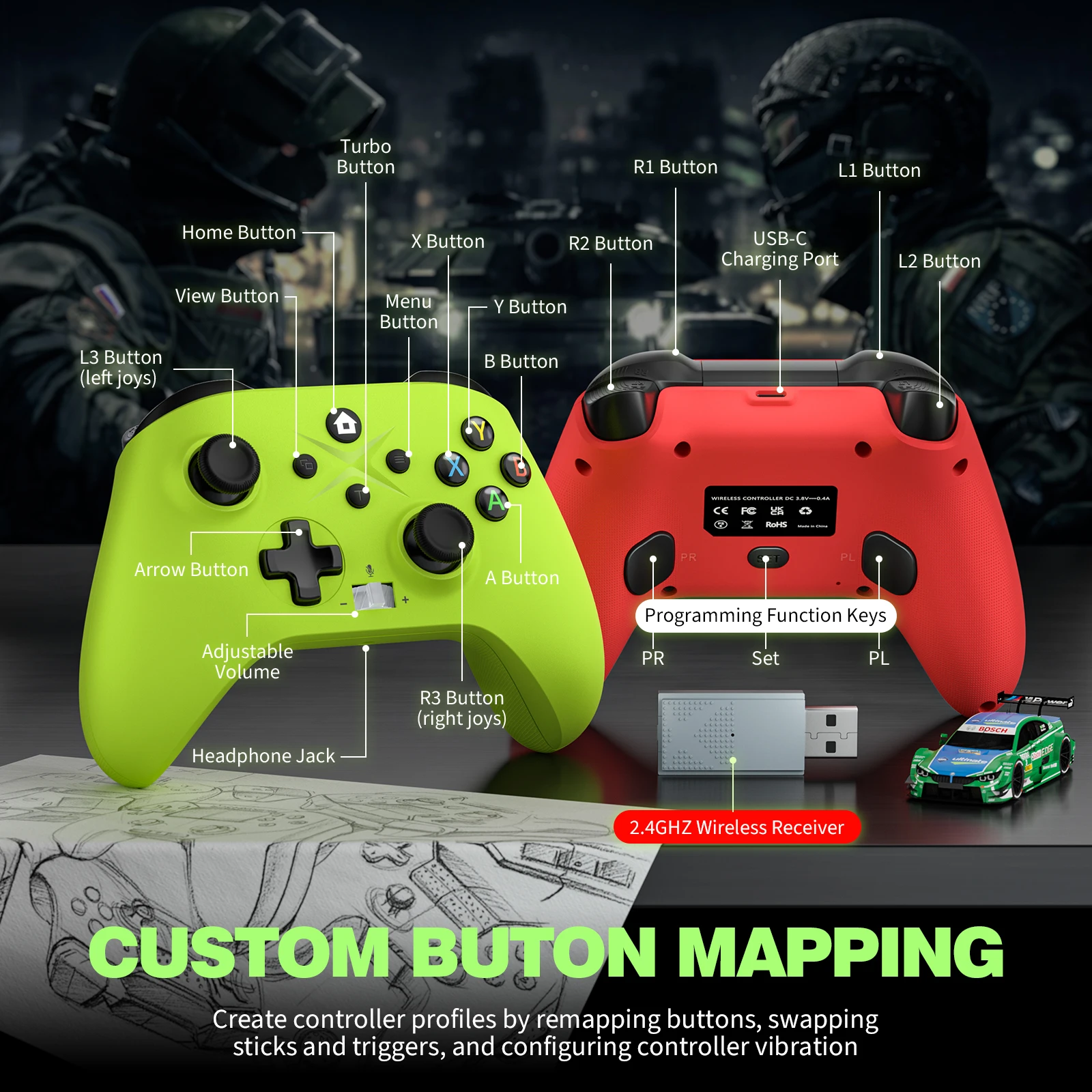 Manette PS5 sans fil LED - Verte