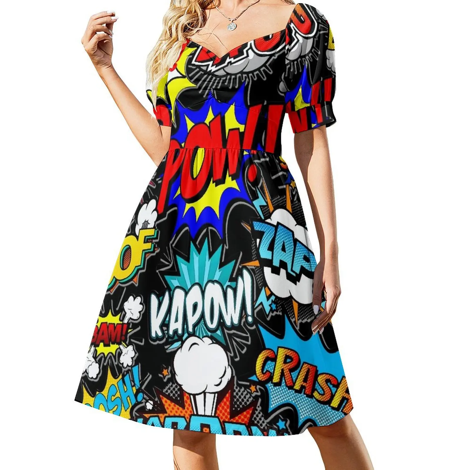 thumbnail image 1 of Soy fan de los cómics. ¡KAPOW! Vestido de manga corta, vestidos de manga larga, vestido de manga larga, vestido para mujer, ropa de verano para mujer., 1 of 7