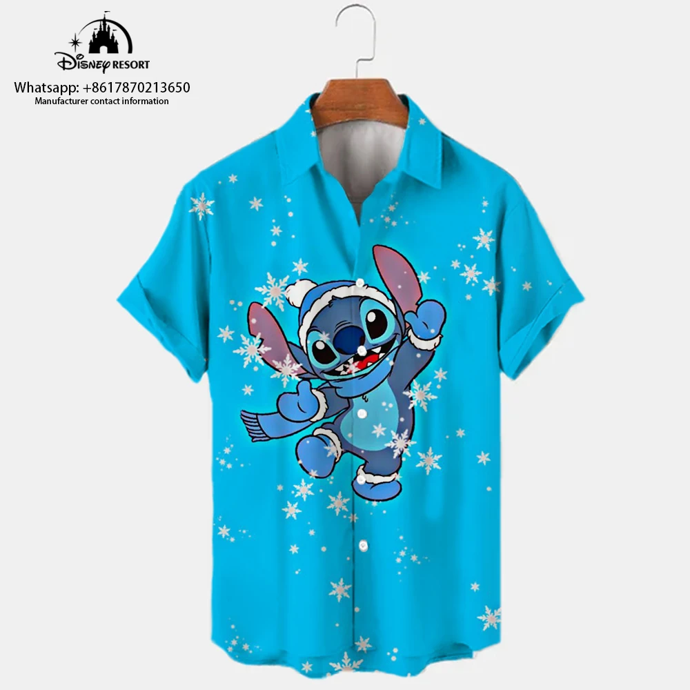 

Hawaiian new short-sleeved shirt Disney Stitch creative pattern shirt 3D digital printing trend loose men's short-sleeved shirt