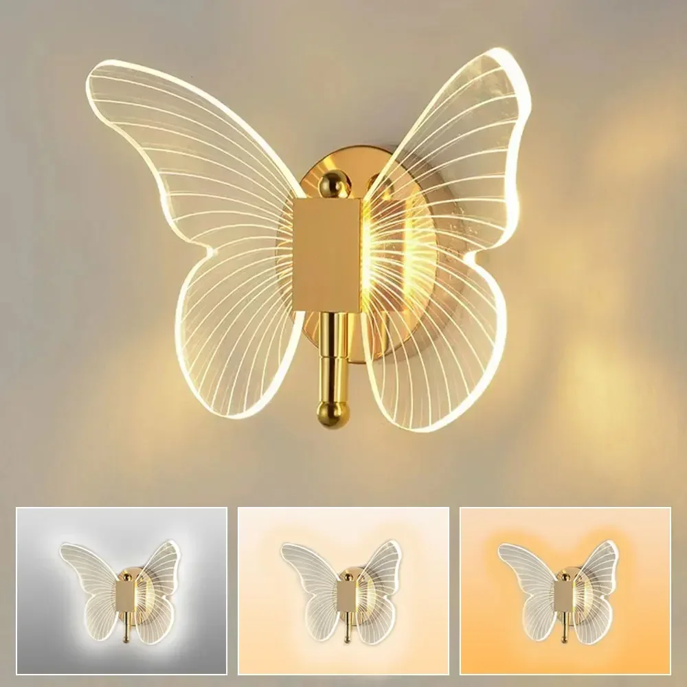 Acrylic Butterfly LED Wall Lamp Interior Modern Metal Wired Wall Lamp Tricolor Adjustment Bedside Wall Light Sconces Christmas