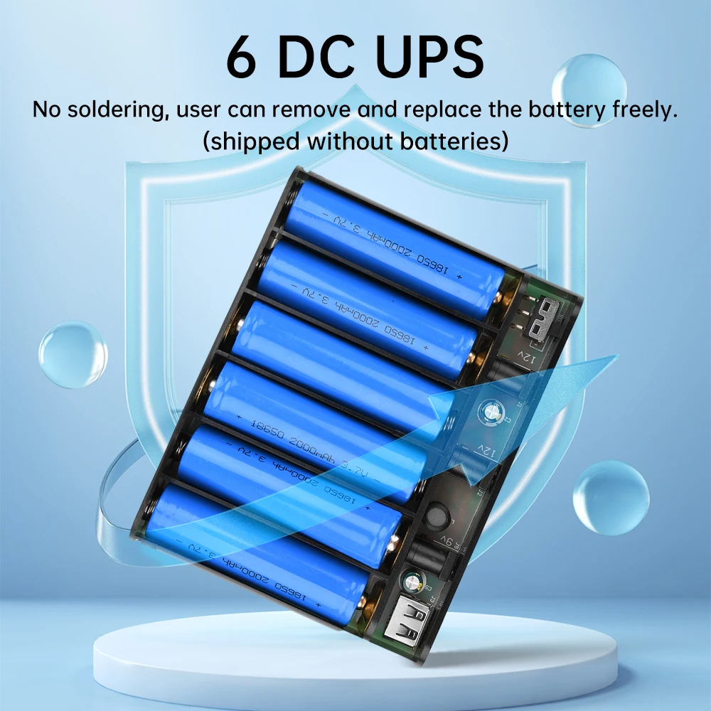 DC UPS 6Pcs 18650 Lithium Battery Welding Free Power Box DIY Kit Optical Cat Router Uninterruptible Power Box 5V 9V12V peak 60W