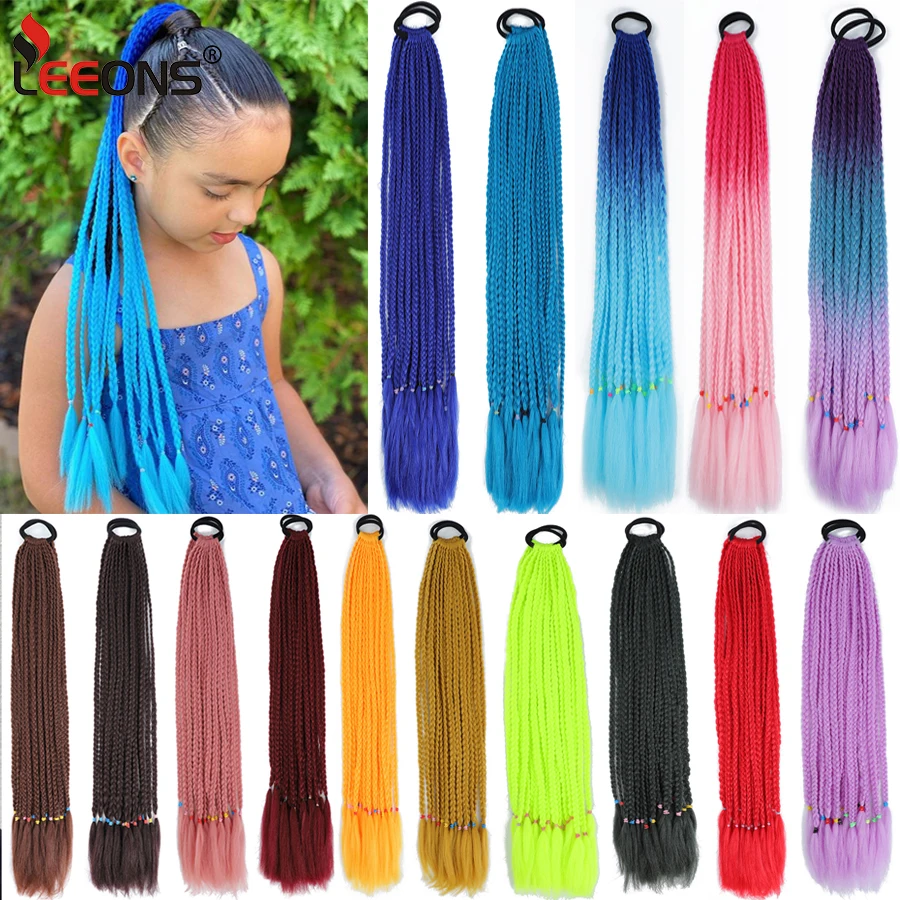 Synthetic 24 Inch Long Colored Box Braids Hair Ponytail synthetic ponytail synthetic hair accessories With Rubber Bands Rainbow Twist Braided Highlights Ponytail For Women
