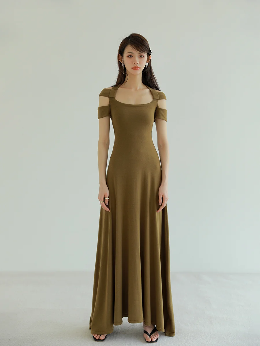 

Новинка лета 2023, трикотажное платье с открытой спиной и воротником на талии, облегающее длинное платье в женском стиле