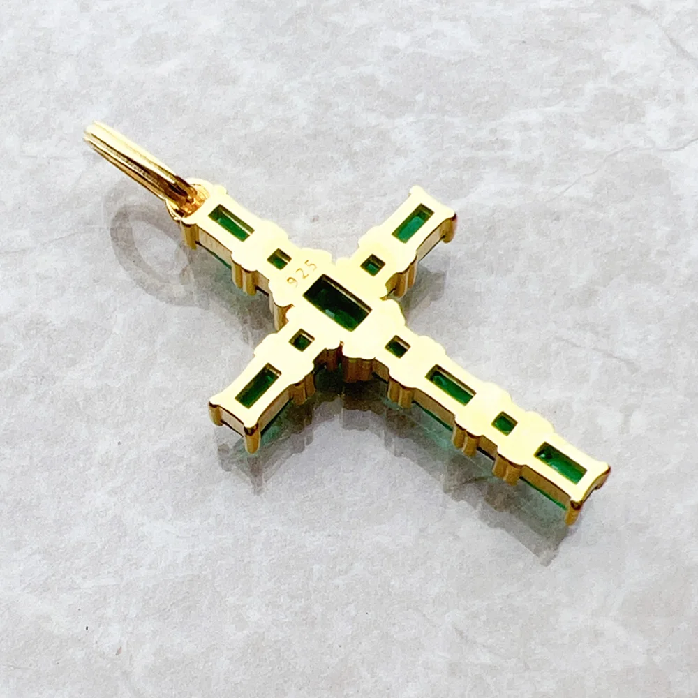 Pendant Necklace Silver Pendant Gold Plated Cross Green Stones