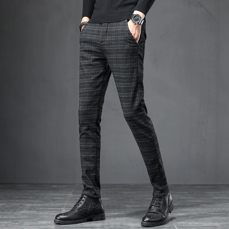OUSSYU Brand 2024 Men's Stretch Stripe Plaid Casual Pants Mens Four Seasons High Quality Business Trousers Men's Straight Pant 3