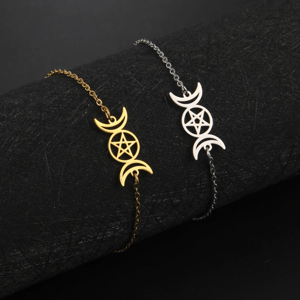 Vintage Pentagram Goddess Hamsa Hand Women's Bracelet on Hand Stainless Steel Charms Link Chain Amulet Wicca Viking Jewelry Gift stainless steel bracelet charm bracelet