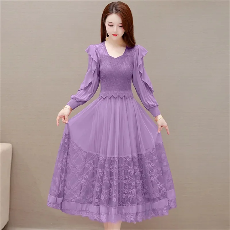 High Quality Fashion Dress Pink 2023 Spring and Autumn Women's Long Sleeve New Popular Black French Mesh Lace Long Dress Elastic