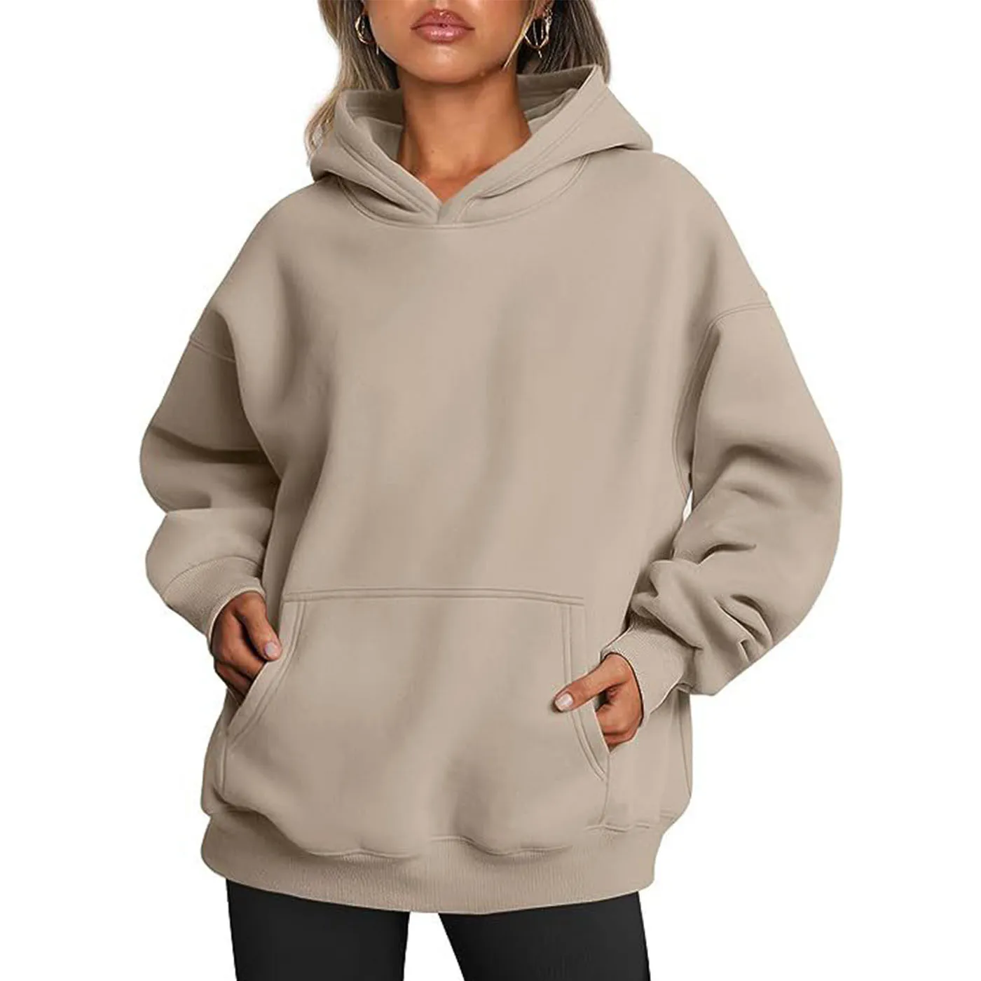 Tesco Solid Loose Women’s Hooded Fleece Women Sweatshirts with Pockets Casual Long Sleeve Pullover Oversize Women Tops