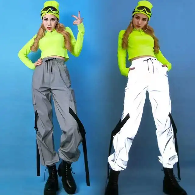 

Nightclub Dj Ds Show Clothing Reflective Overalls Pants Green Tops Adult Jazz Dance Costume Hip-Hop Women Rave Clothes