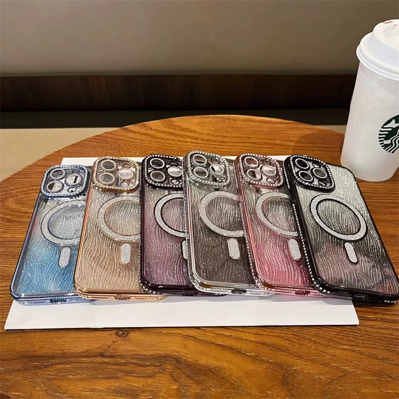 Luxury Plating Flash Rhinestone Glitter Magsafe Magnetic Phone Case For iPhone 11 12 13 14 15 16 Pro Max Bumper On 15 Plus Cover Phone Case