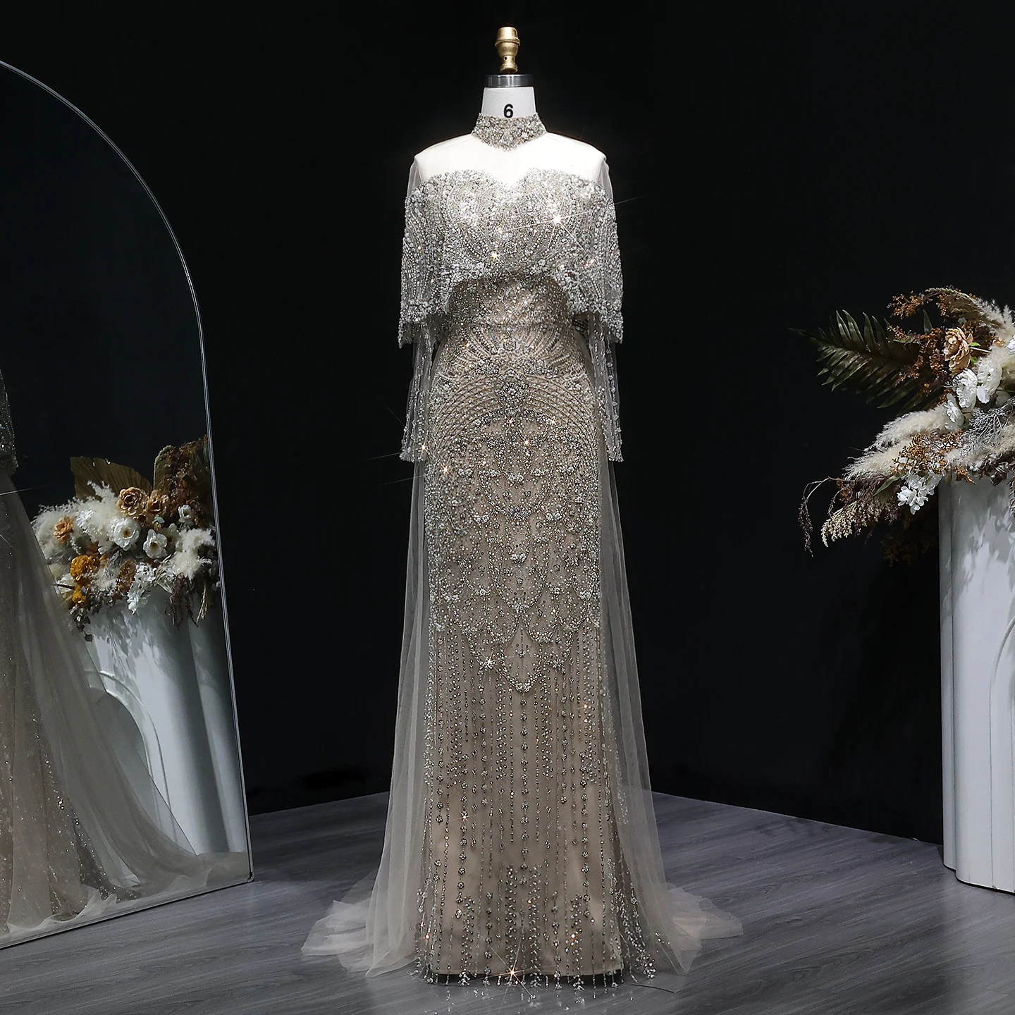 gray long sleeve evening dress Long Sleeve Grey Lace Graduation Dresses for Junior Beaded Long Evening Prom Dress APD3433