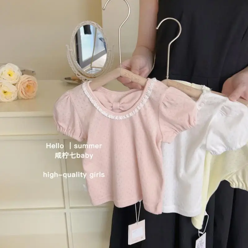 

2023 Summer Princess Style Sweet Kids T-shirt Cotton Soft Fashion New Design Thin Lace Short Sleeve for Girls