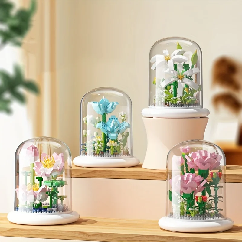 Building block pot Immortal flower Plant Small brick tulip ornament Toy Valentine Birthday Gift Glow Easter gift