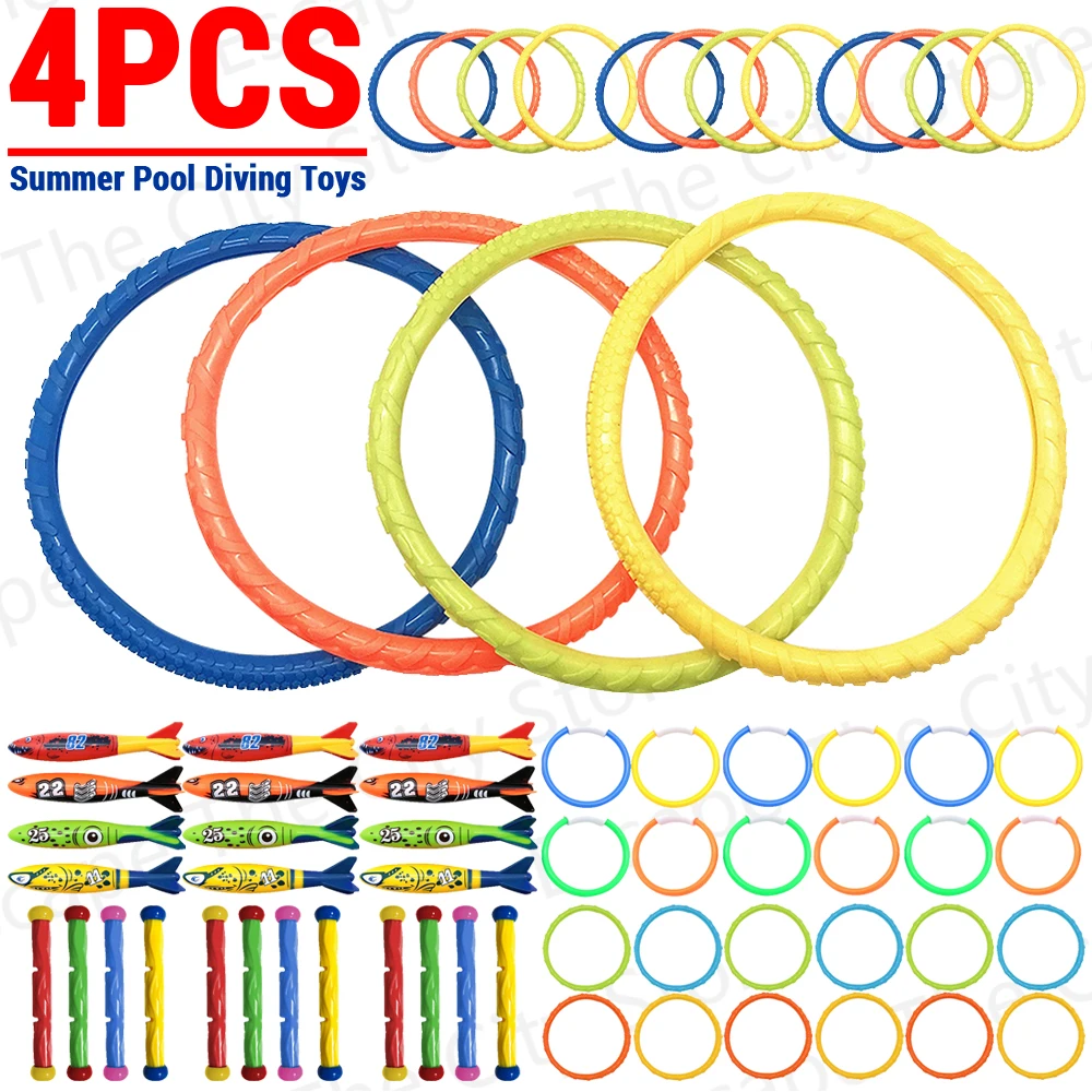 

4Pcs Summer Pool Diving Toys Multicolor Pool Games Shark Rocket Sinking Toy Creative Cartoon Toys Swimming Pool Accessories