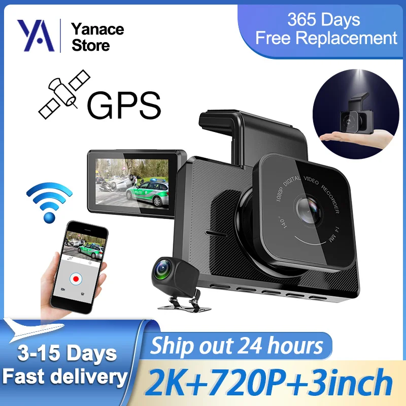 Yanace 소형 와이파이 자동차 카메라, 듀얼 렌즈, 자동차 DVR 녹음기 장치, 내장 GPS, 전화 내비게이션, IPS 화면, 3 인치 대시 캠