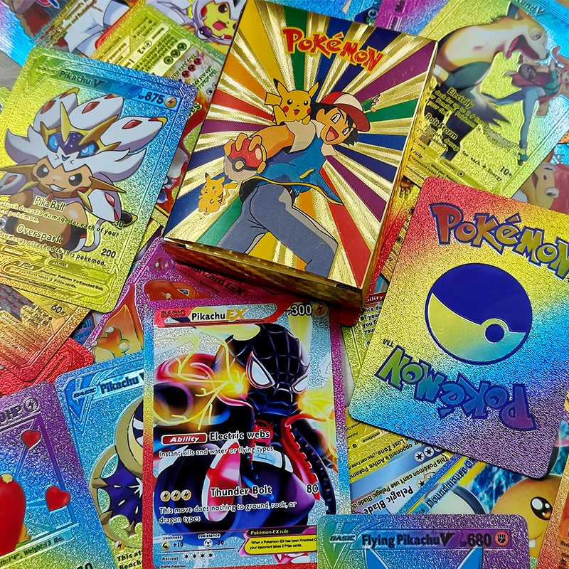 

55 27PCS Pokemon Gold Cards Silver Colorful Pikachu English French German Spanish Playing Game Collectible Cards Boys Gifts Toys