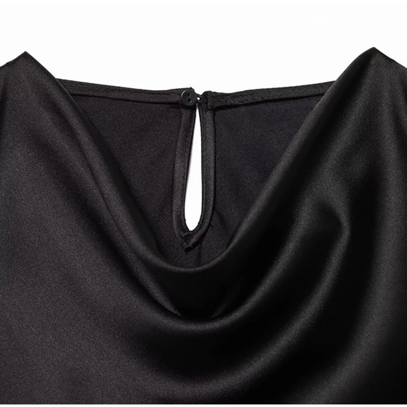 Schwarzes ärmelloses Satinkleid für Damen, asymmetrischer Fransensaum, Wasserfallausschnitt, Midi-Länge, elegantes formelles Party-Abend-Event-Neues Kleid – Detail 5