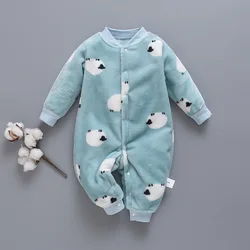 Autumn Winter Newborn Baby Clothes Dinosaur Print Baby Boy Romper Warm Infant Baby Boy Girl Soft Fleece Jumpsuit Pajamas