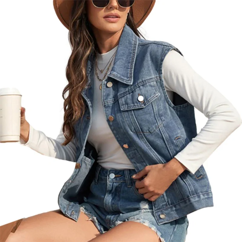 Vintage Multi-pocket Waistcoat Women Detachable Hooded Crop Tops Female Lapel Neck Sleeveless Denim Jackets Casual Streetwear 24 women s retro denim vest coat blue turndown collar sleeveless jacket waistcoat top detachable hooded cardigan coat streetwear