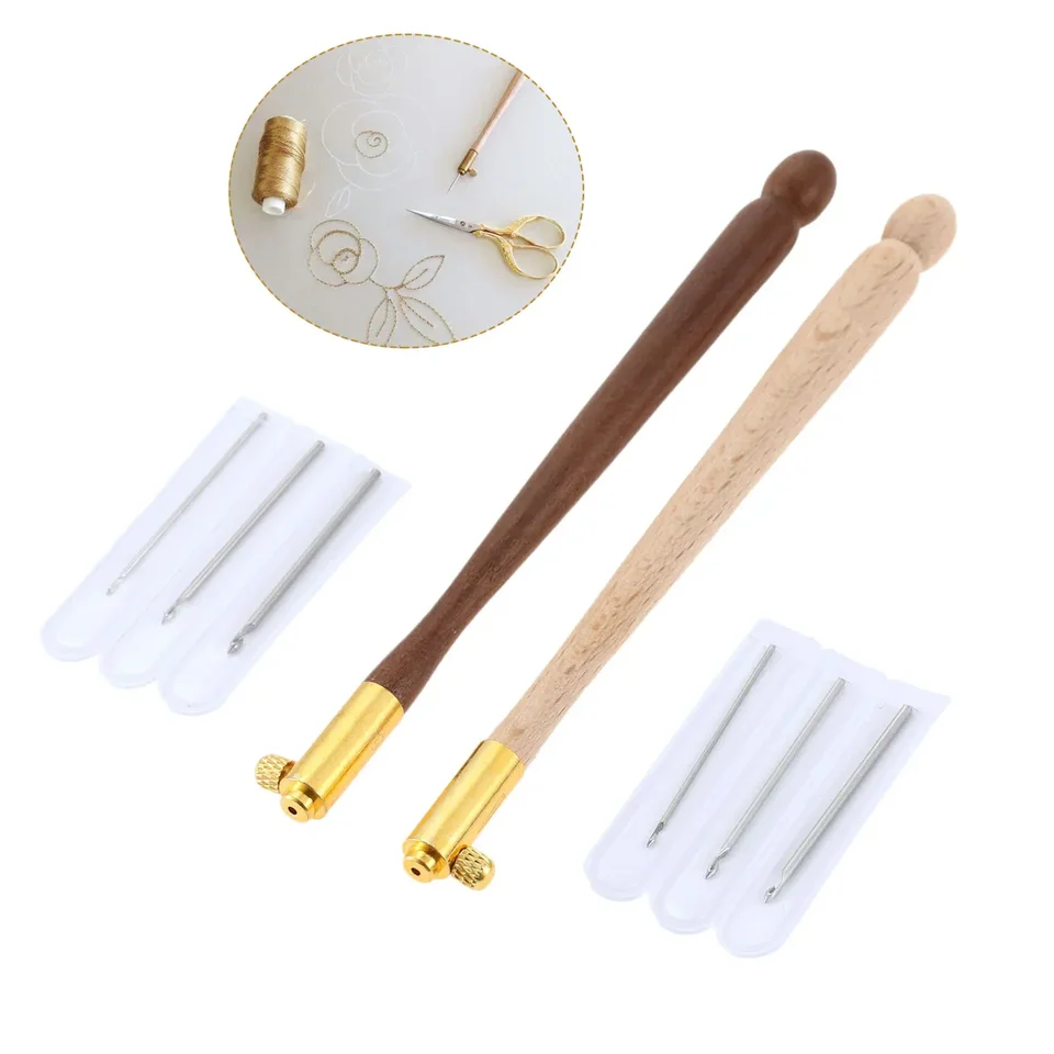Hout Metaal Franse Borduurnaalden Tambour Haaknaald Luneville Haak met 3 Naalden Luneville Glitter Kraal Borduurgereedschap, 12cm/4.7in,46~56cm/18.1~22in