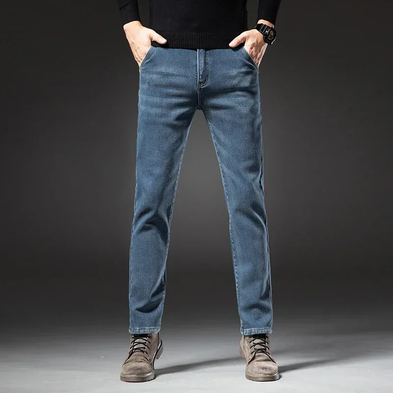 2025 Winter New Men's Fleece Thickened Jeans Retro Blue Hot Straight Casual Pants Stretch Premium Velvet Warm Denim Pants 3