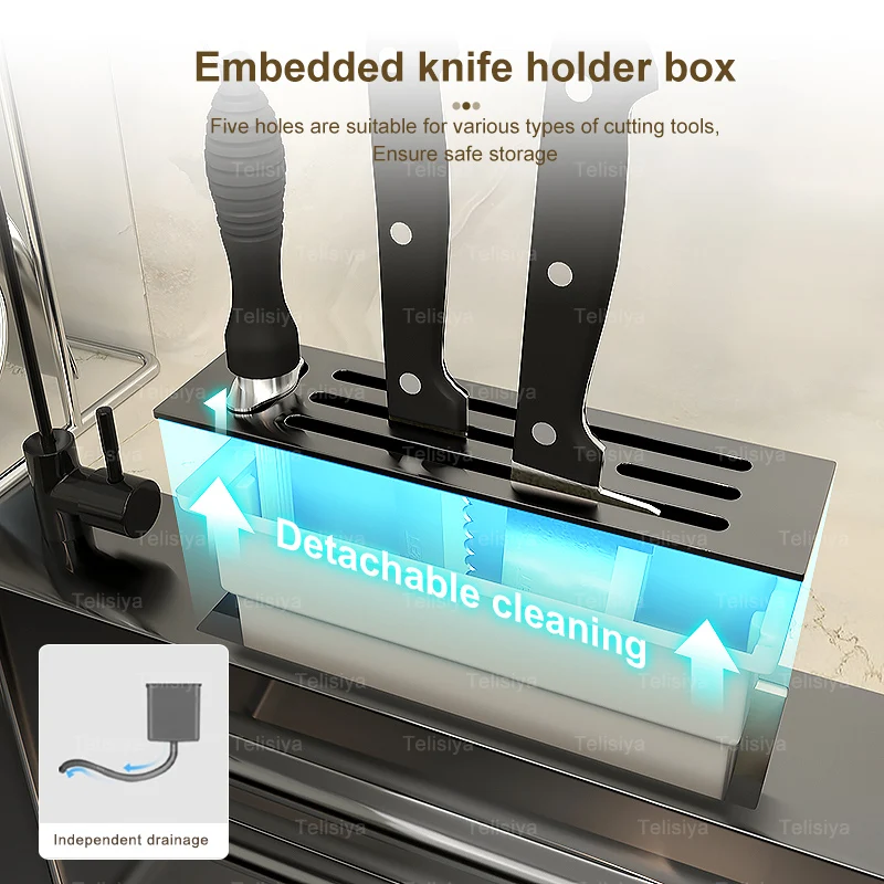 Sink Stainless Steel Kitchen Apartment Large Single Slot With Knife Holder Multifunction Wash Basin For Kitchen 5