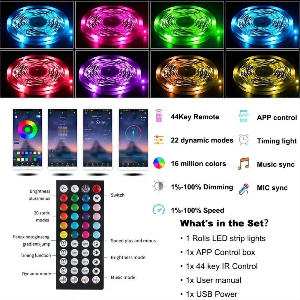 รูปสินค้า USB LED Strip Light ปรับยาวได้ ควบคุมด้วยแอปและรีโมท RGB 3535 ตกแต่งบ้าน