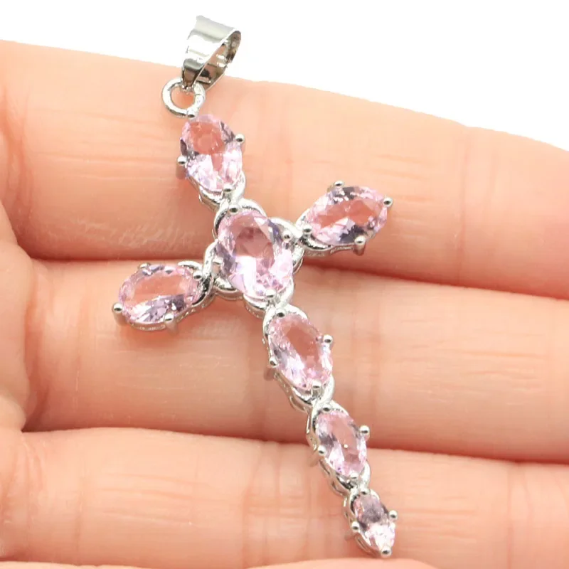 4.5g Real Customized 925 Solid Sterling Silver  PENDANT Long Cross Pink Kunzite London Blue Topaz Violet Tanzanite Woman's Engag