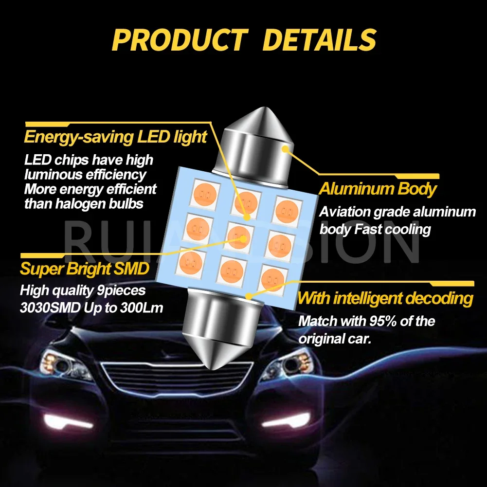 Ruiandsion 31MM C5W LED Car Light 3030 9SMD for car Interior Reading Light Dome Lamp License Plate Uitraviolet 12V 2/10Pcs