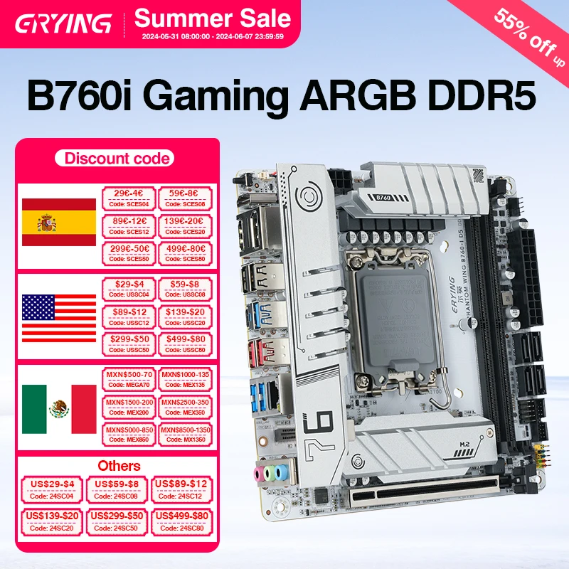 ERYING ITX B760i Gaming Motherboard ARGB LGA 1700 115x Support Core 12/13/14th i9/i7/i5/i3/Pentium Dual Channel DDR5 RAM White