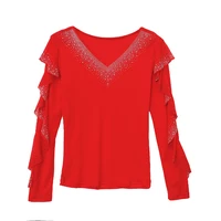 T-shirts d'automne en maille transparente pour femmes, haut à col en v orné de cristaux avec volants élégants, manches longues, 2025 5