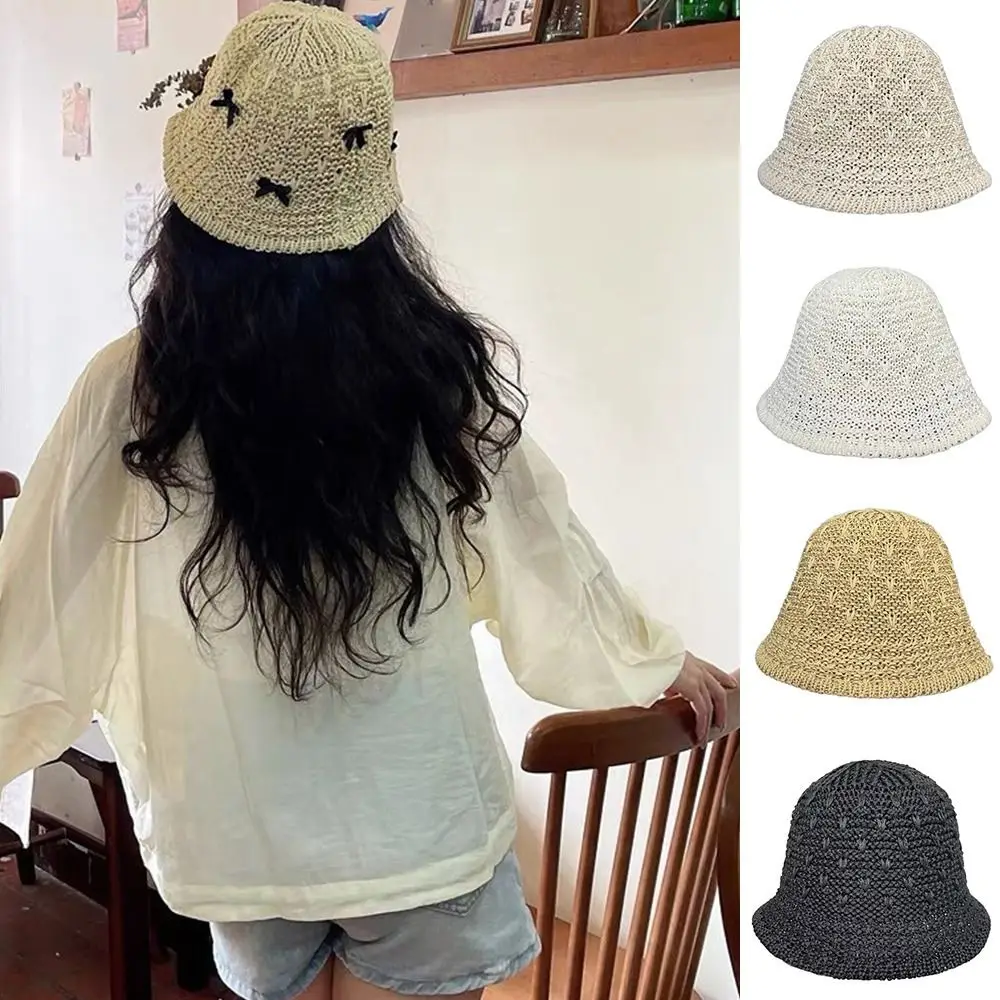 

Bow Shaped Sun Hats Sweet Breathable Outings Sun Shading Fisherman Hat Sun Protection Knitted Hollow Bucket Hat Women's
