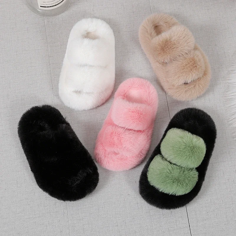 Girls Winter Fur Slippers Classic Plush Non Slip Open Toe Kids Shoes