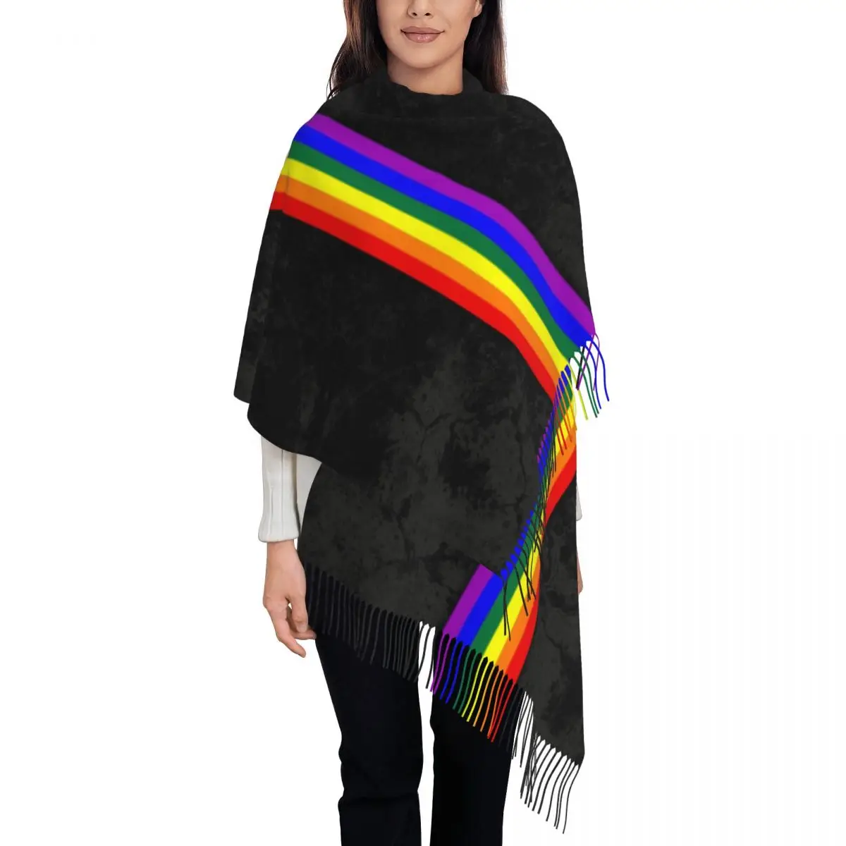 

Distressed LGBTQ Pride Flag Stripe Scarf for Women Stylish Winter Wrap Shawl LGBT Gay Lesbian Tassel Wraps