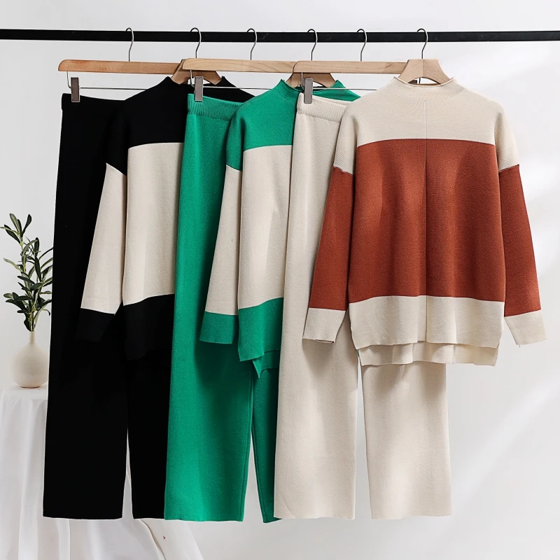 

Elegant Casual Knitted 2 Piece Set Womens Outfits Matching Muslim Set Wide Leg Pants Suit Knit Tracksuit Women Two Piece Set