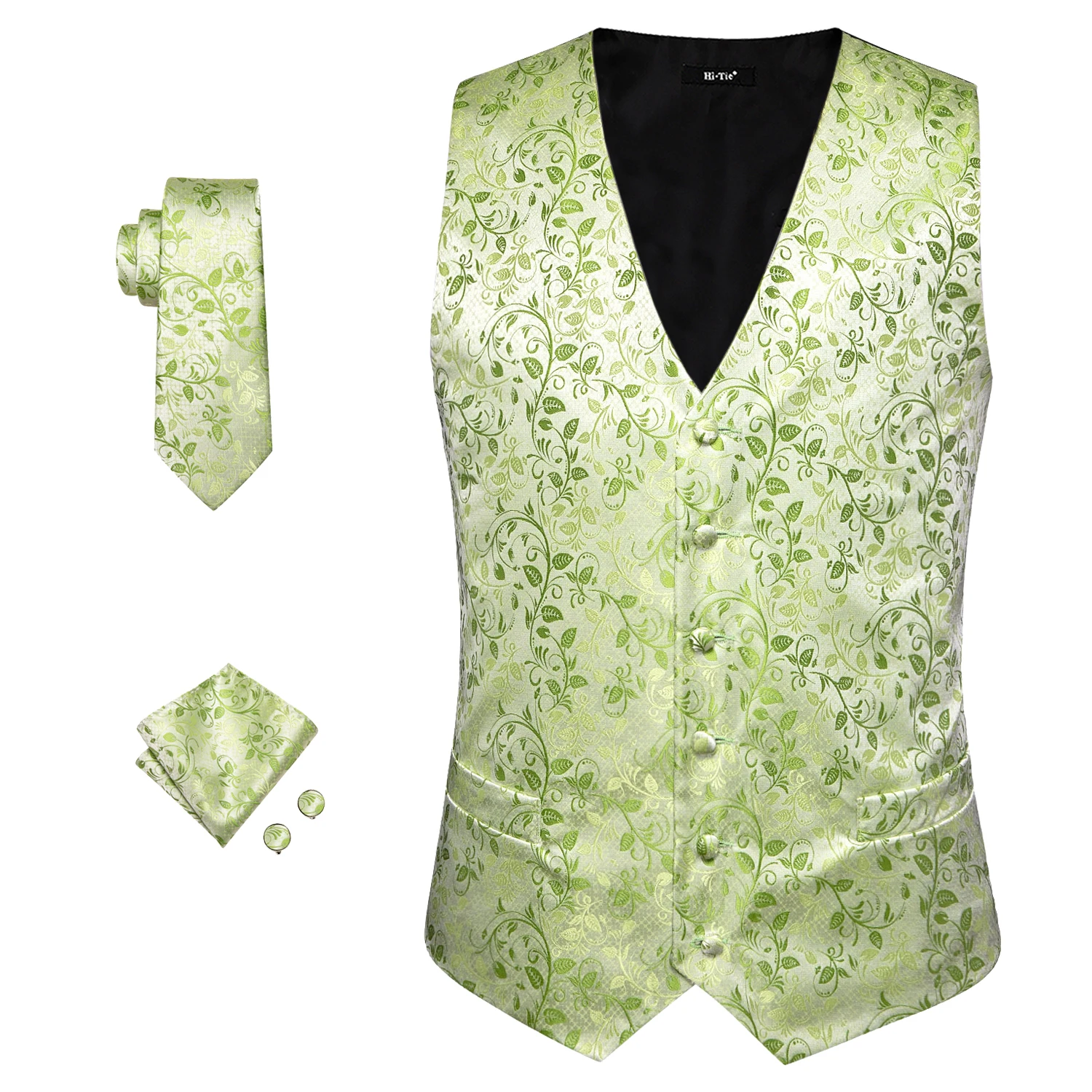 Hi-Tie Leaf Green Men's Vest Fashion Silk Jacquard Waistcoat Neck Tie Hanky Cufflinks Brooch Set for Male Wedding Party Designer