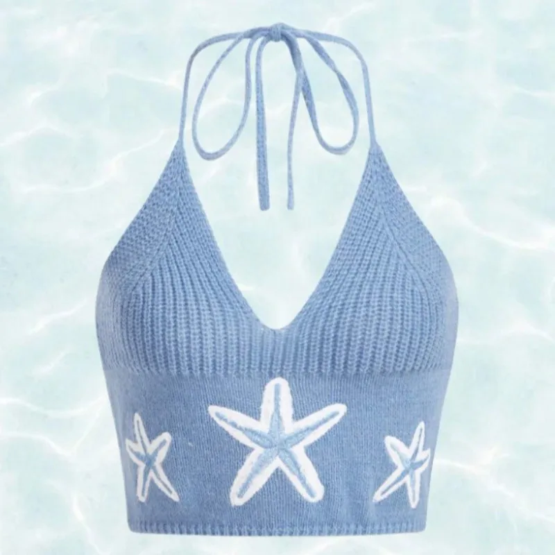 

European and American style 2024 Y2K Spice Girl Spring and Summer New Fashion blouse Women's V-neck Blue slim knitted hem dress