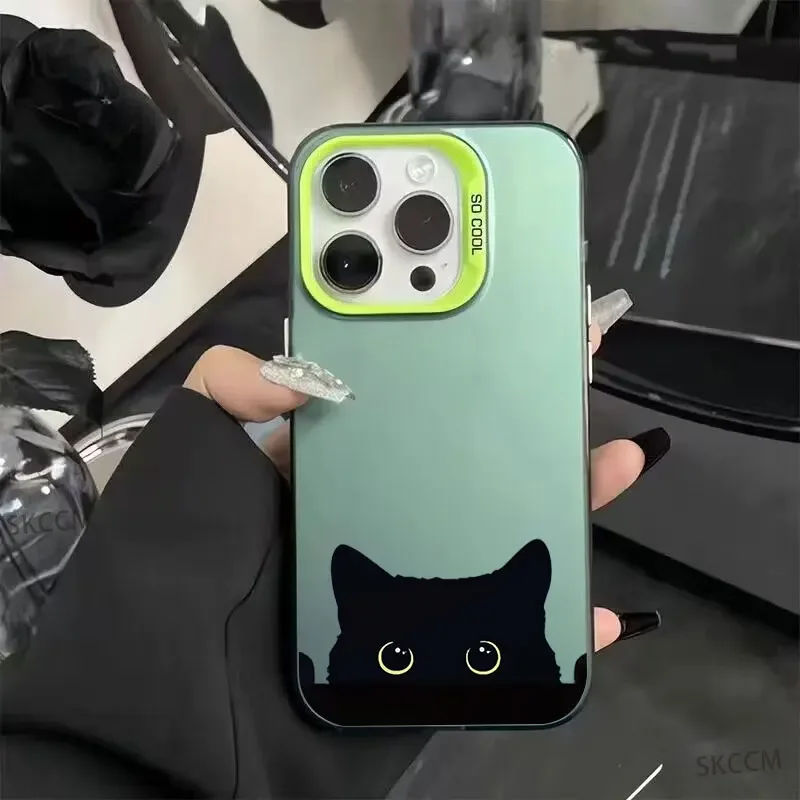 Cute Black Cat Pattern Shockproof Matte Phone Case with Plating Design