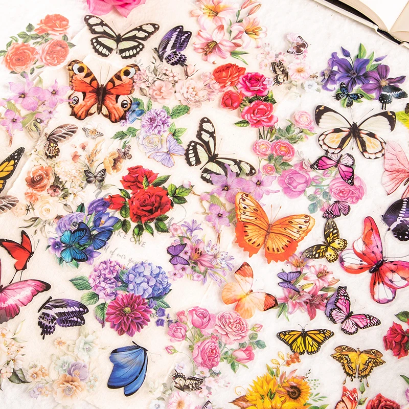

50 pieces Sticker pack literary flowers butterflies plants roses collage material handbook stickers multi-style 6 models