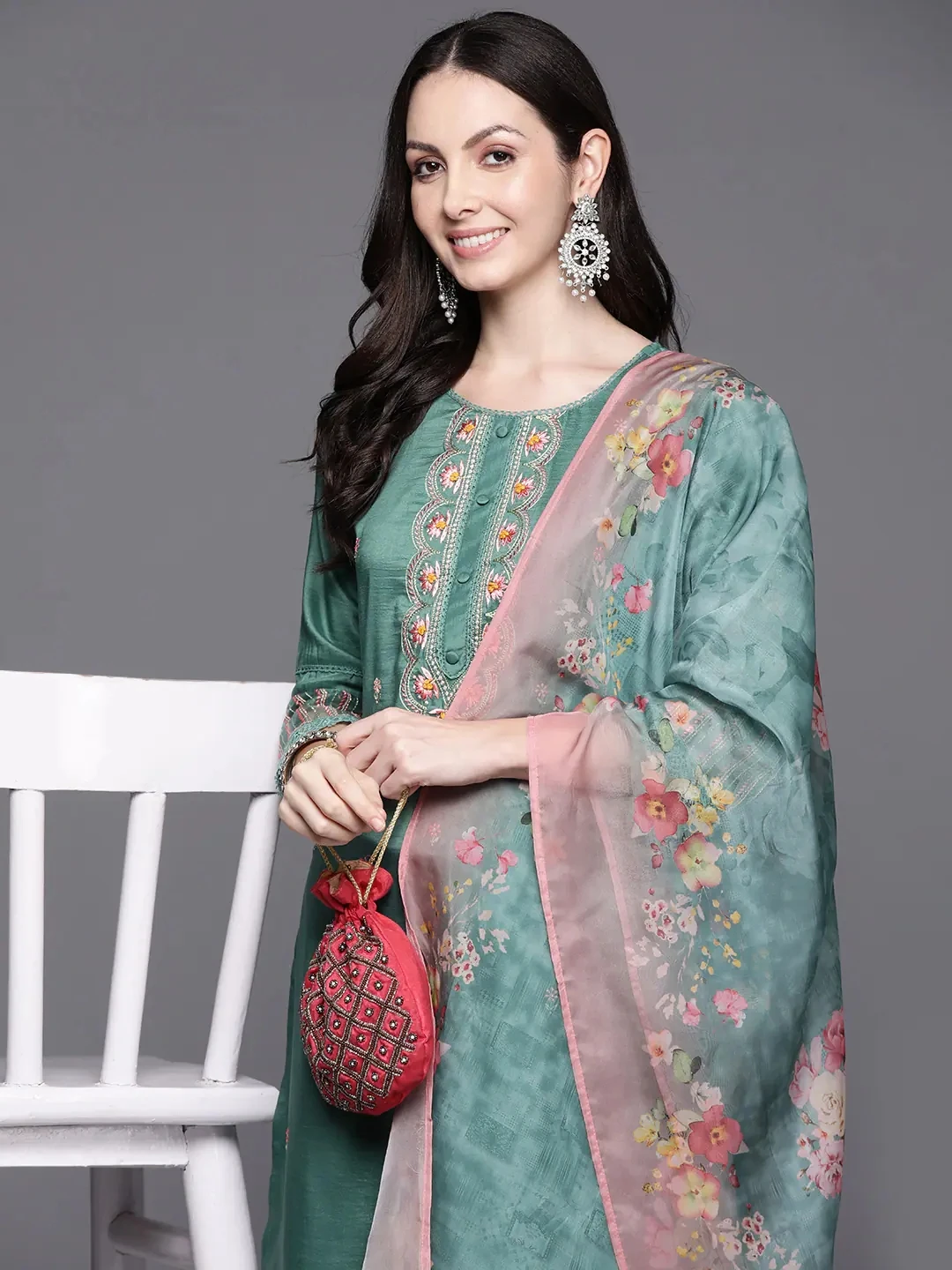 Indian Women's Clothing Ethnic Style Embroidered Green Side Cover Three Piece Silk Cotton Kurta Set indian sari scarf indian sari top