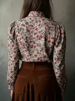 Ditsy Floral Print Long Sleeve Button-Up Blouse for Women, Loose Fit Casual Shirt - Image 2